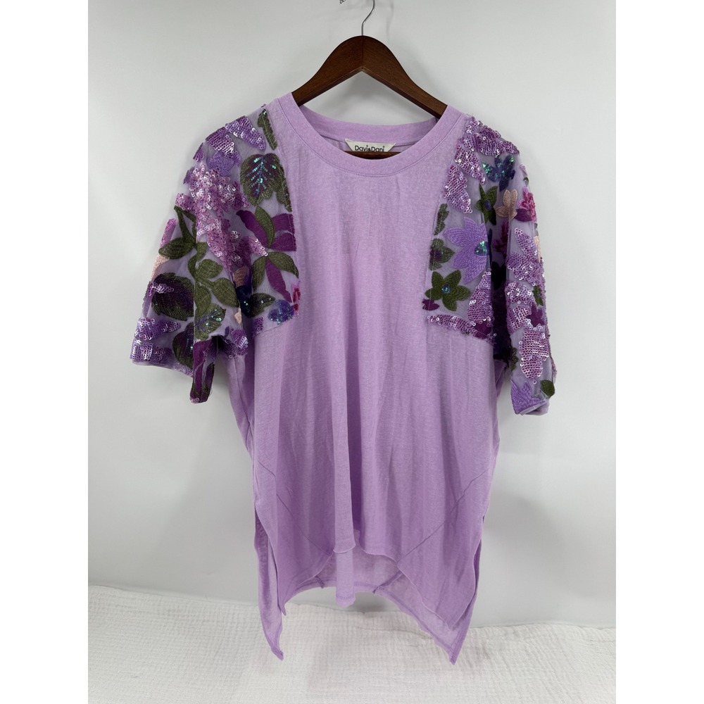 Davi & Dani T-Shirt S Lavender Purple Floral Sequin Mesh Sleeve Boho Embellished